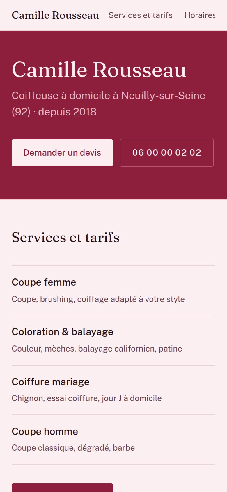Coiffeuse à domicile, ambiance Clair, grenat, structure rendez-vous